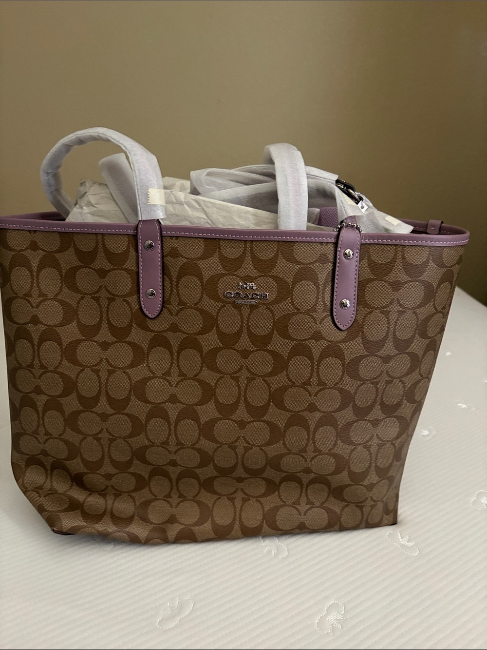 Coach Brown Signature Canvas Tote with Lavender Trim